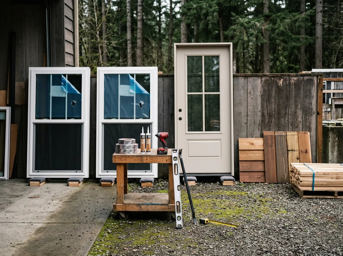 Environmental view of a window and door installation workspace with tools and materials arranged for a project. No people are visible in the image.