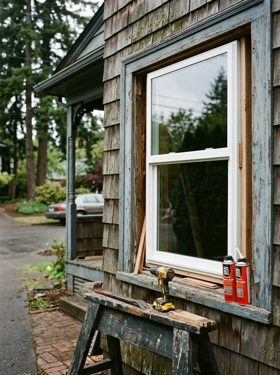 New double pane window unit being set into a historic downtown Camas, WA home, showing the installer fitting the vinyl frame into an older wood rough opening.