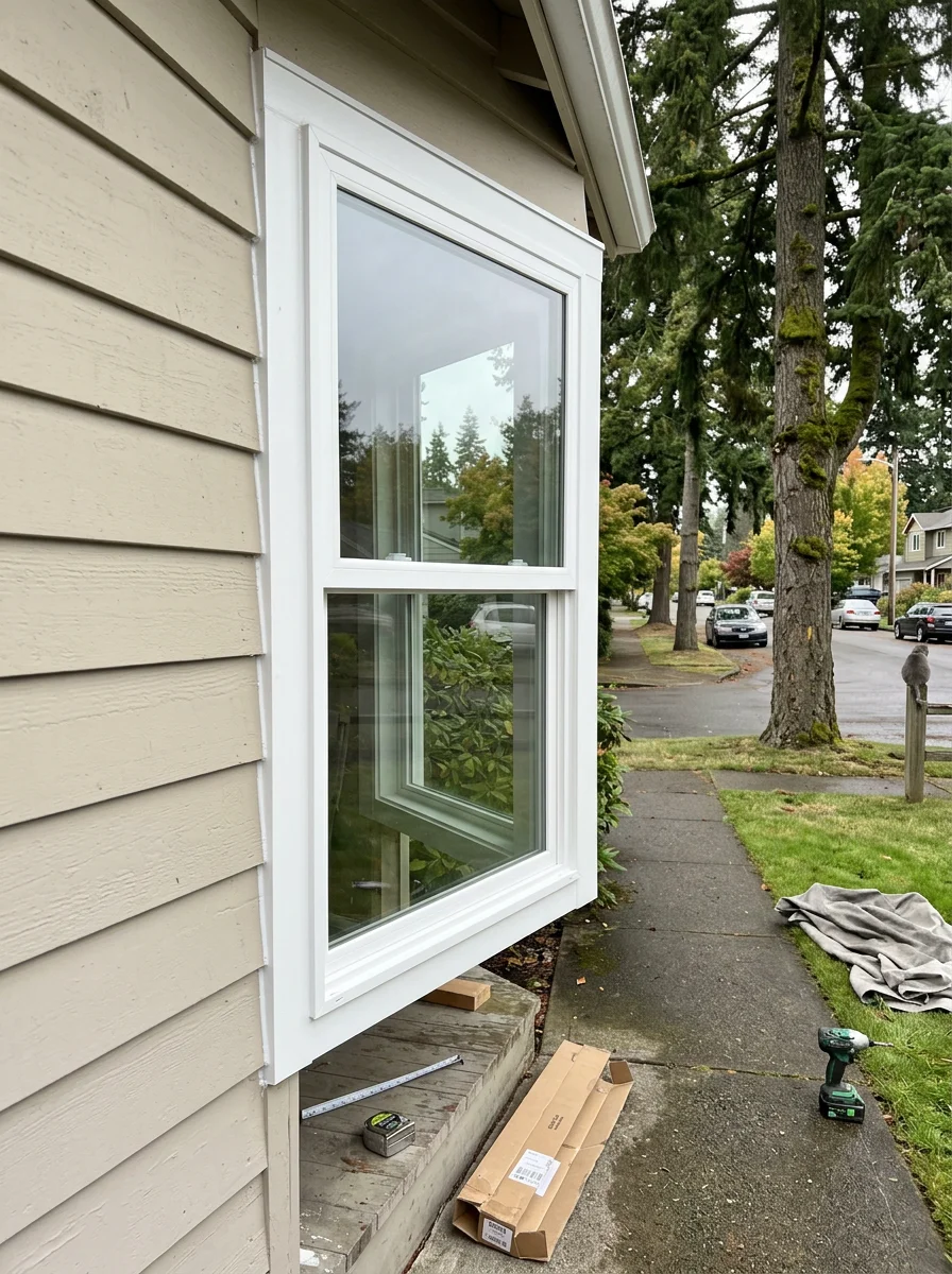 New vinyl window installation on a West Gresham, OR single-family home, showing the sealed exterior frame and double pane glass unit against a residential street backdrop.