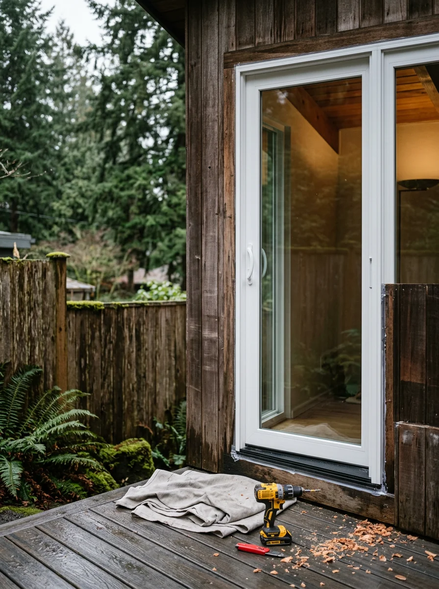 New sliding glass door installation on a mid-century Portland, OR home, showing the sealed vinyl frame and threshold against a residential backyard setting.