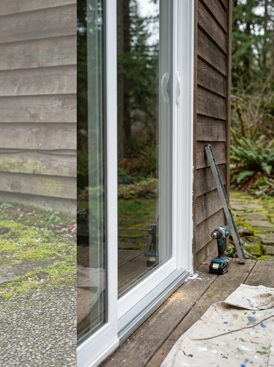 Close-up of a freshly installed sliding glass door on a Ridgefield, WA home, showing the sealed threshold and clean frame against a Pacific Northwest exterior.