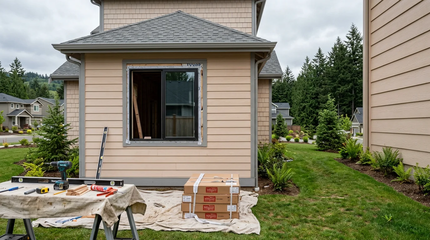 Vinyl double pane window installation on a newer single-family home in a Ridgefield, WA subdivision, with the installer fitting the frame into a standard residential opening.