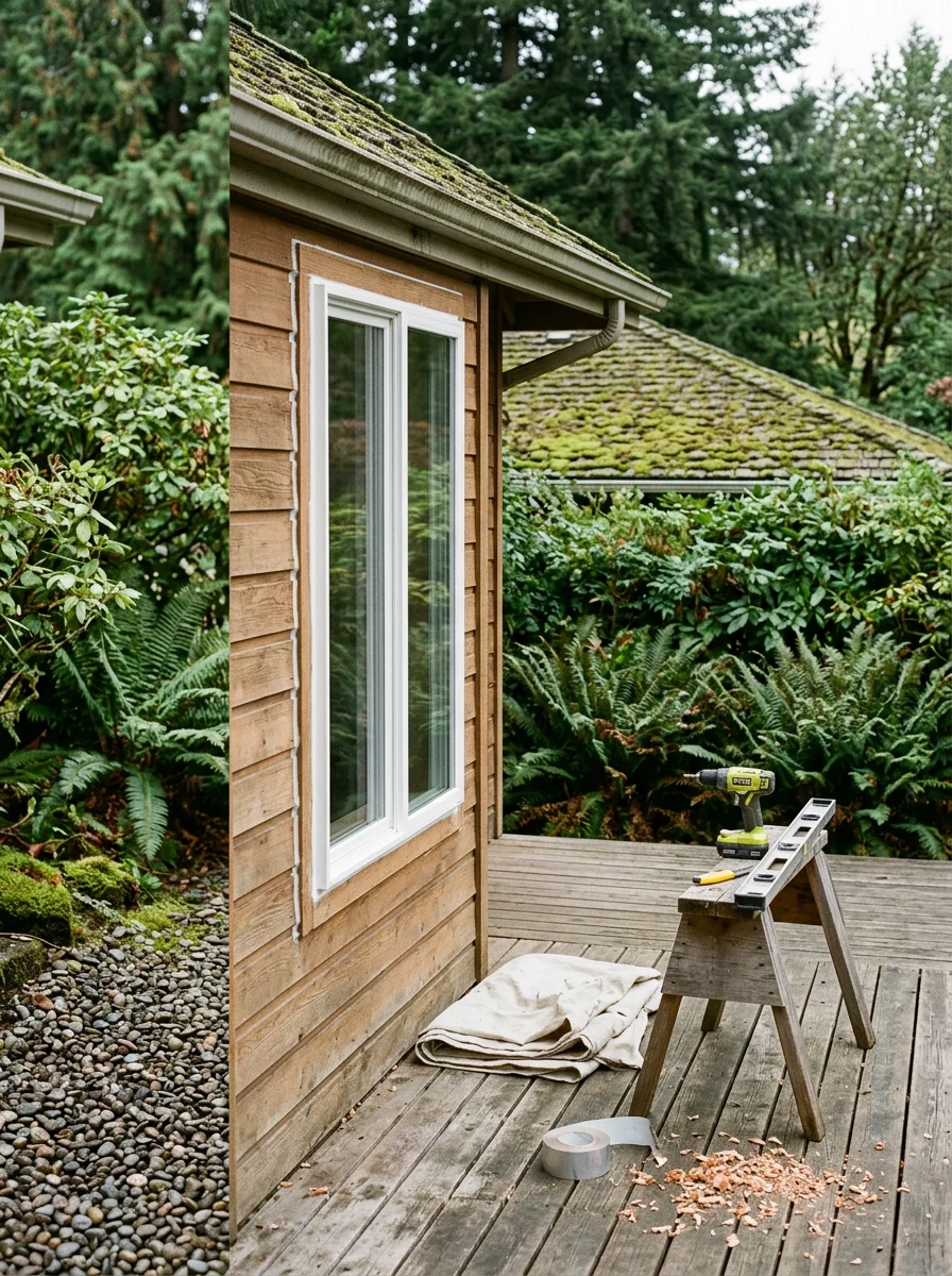Installer fitting a new double pane window into a 1990s-era Vancouver, WA home, with the surrounding siding intact and the frame sealed against the exterior wall.