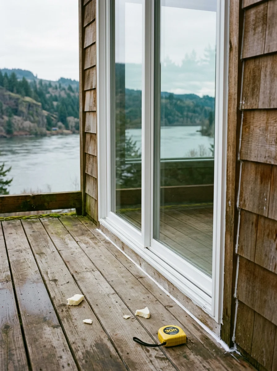 New sliding glass door installation on a Washougal, WA riverfront property, showing the sealed threshold and vinyl frame against a Columbia River view backdrop.