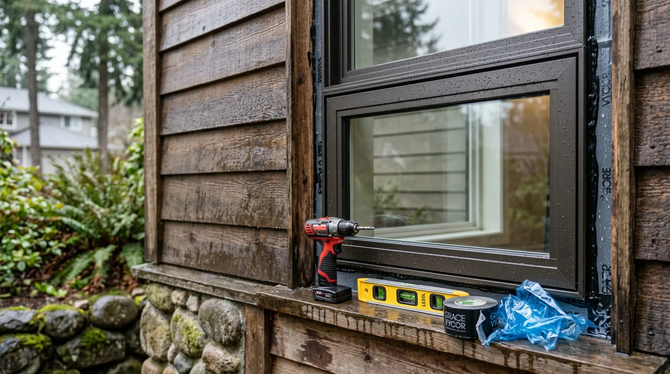 Aluminum window frames installed on a residential home in Ridgefield, Washington, showing slim profiles and clear glass against a Pacific Northwest exterior. Close view highlights the clean, modern frame finish suited to the region's wet climate.
