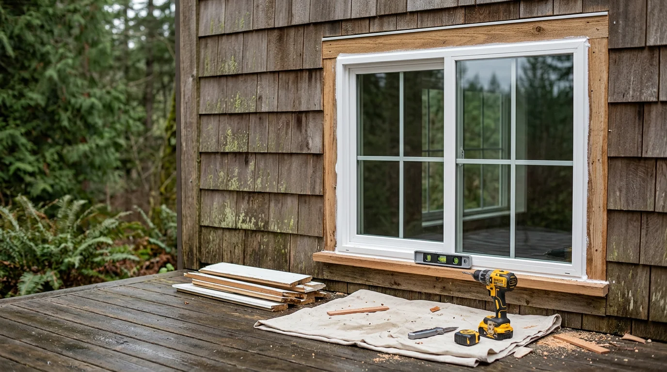 A freshly installed double pane window viewed from inside a Ridgefield, Washington home, showing a clean frame seal and clear glass with no condensation. The exterior view reflects the overcast Pacific Northwest sky typical of Clark County.