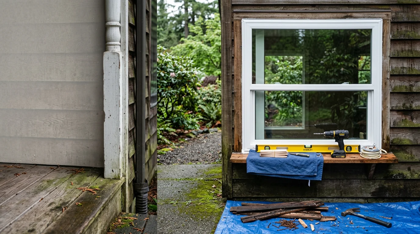 A freshly installed double-pane replacement window in a single-family home in Ridgefield, Washington, with a clean vinyl frame and clear glass reflecting the surrounding Pacific Northwest landscape. A Windowman LLC installer works on fitting the window sash into the new frame.