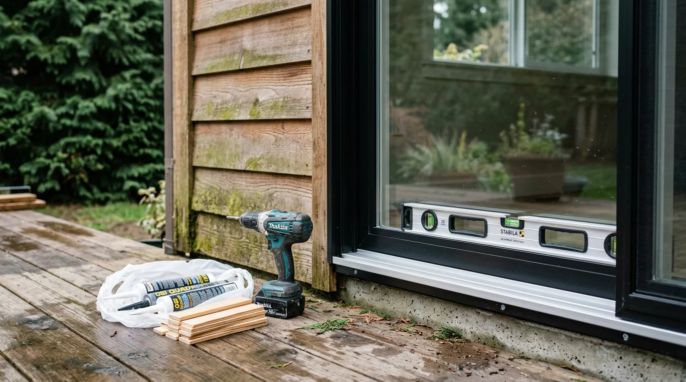 A newly installed sliding glass door in a Ridgefield, Washington home, showing a clean aluminum track, clear double-pane glass, and a flush fit in the exterior wall opening. The door opens to a backyard patio with Pacific Northwest tree coverage visible through the glass.
