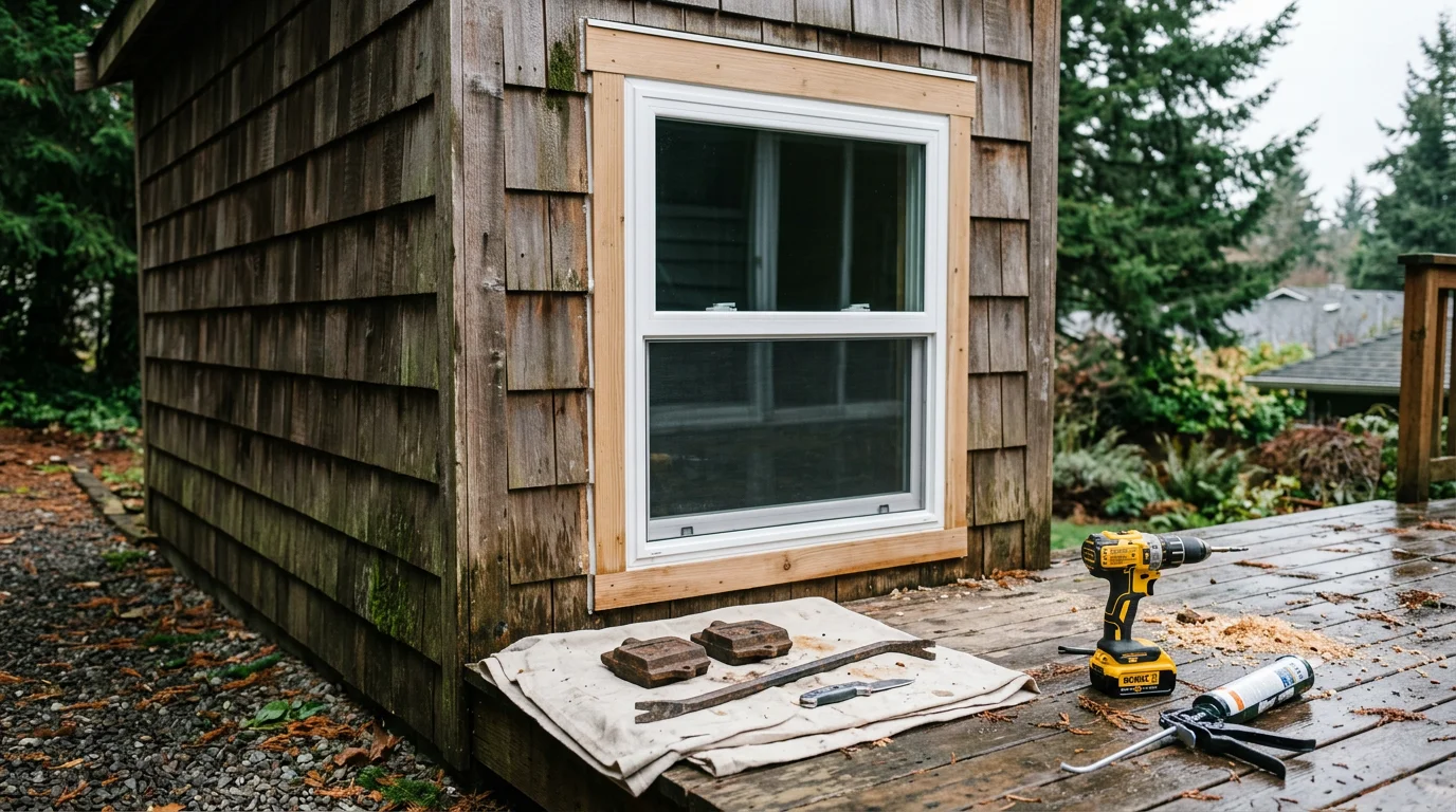 Newly installed vinyl replacement windows on a single-story residential home in Ridgefield, Washington, with clean white frames and double-pane glass visible from the exterior. The surrounding siding shows no gaps or damage, reflecting a finished and weather-tight installation.