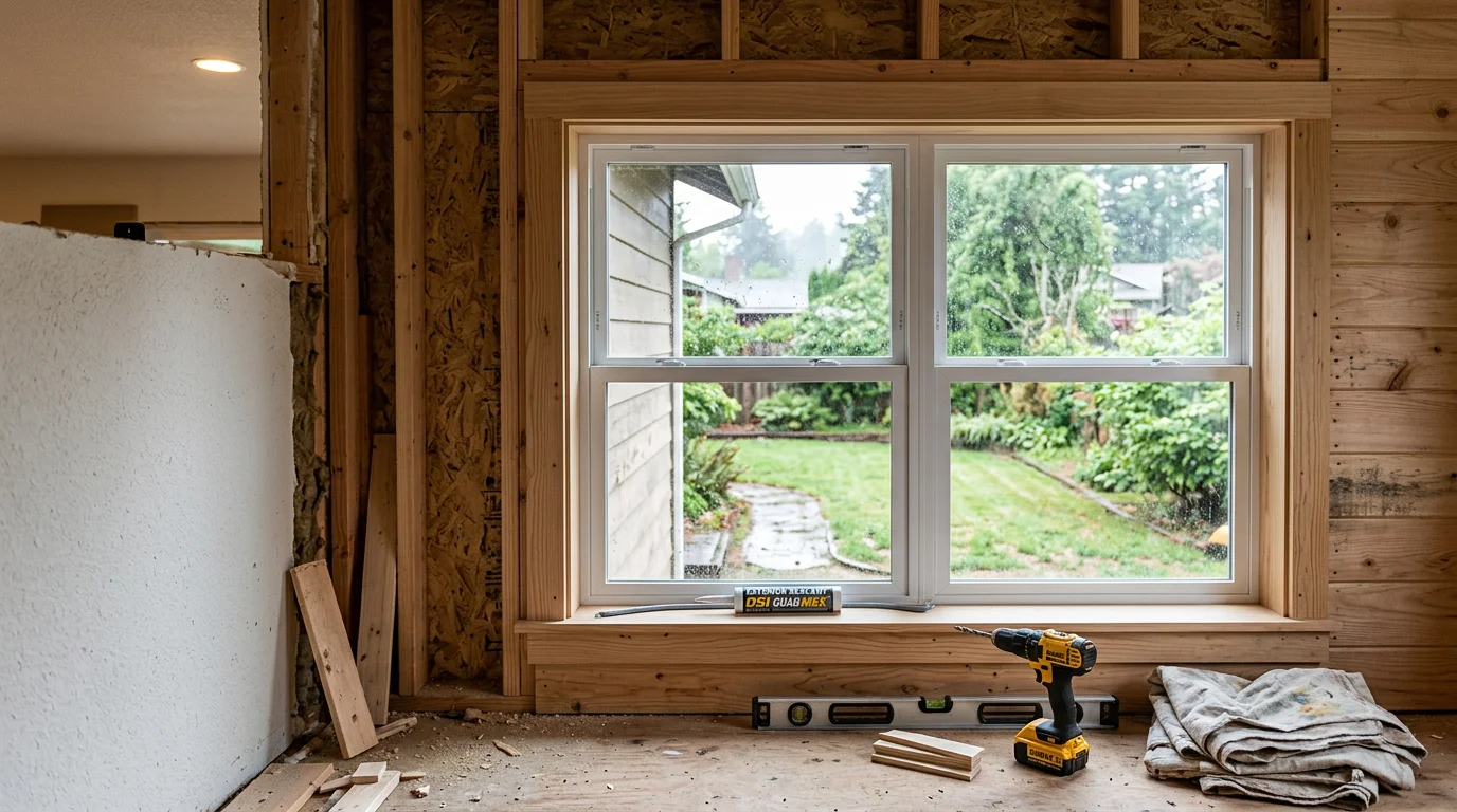 A freshly installed double-hung window on the exterior of a residential home in Ridgefield, Washington, with clean trim work and a clear view of the surrounding neighborhood. A Windowman LLC installer checks the frame seal from inside the room.